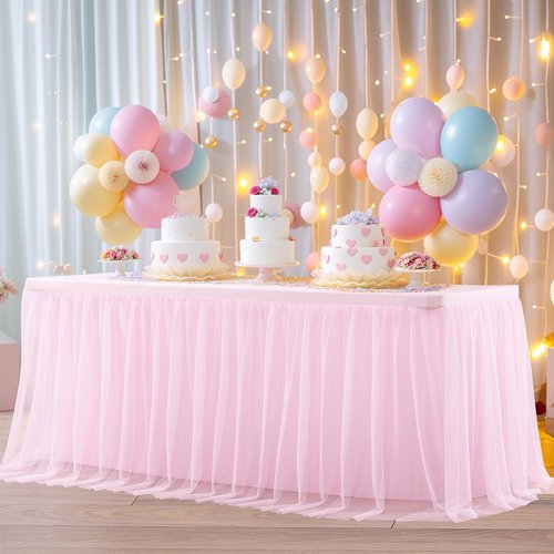 4 Pack Pink Table Cloth for 6 Foot Rectangle Tables, Pink Stretch Fitted Tulle Table Covers Skirt, Rectangular Ruffle Tutu Tablecloth Wedding Banquet Baby Shower Cake Tablecloths Decorations