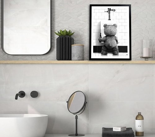 Funny Teddy Bear Wall Art - Black and White Bathroom Decor | 8x10in Print for Movie Fans