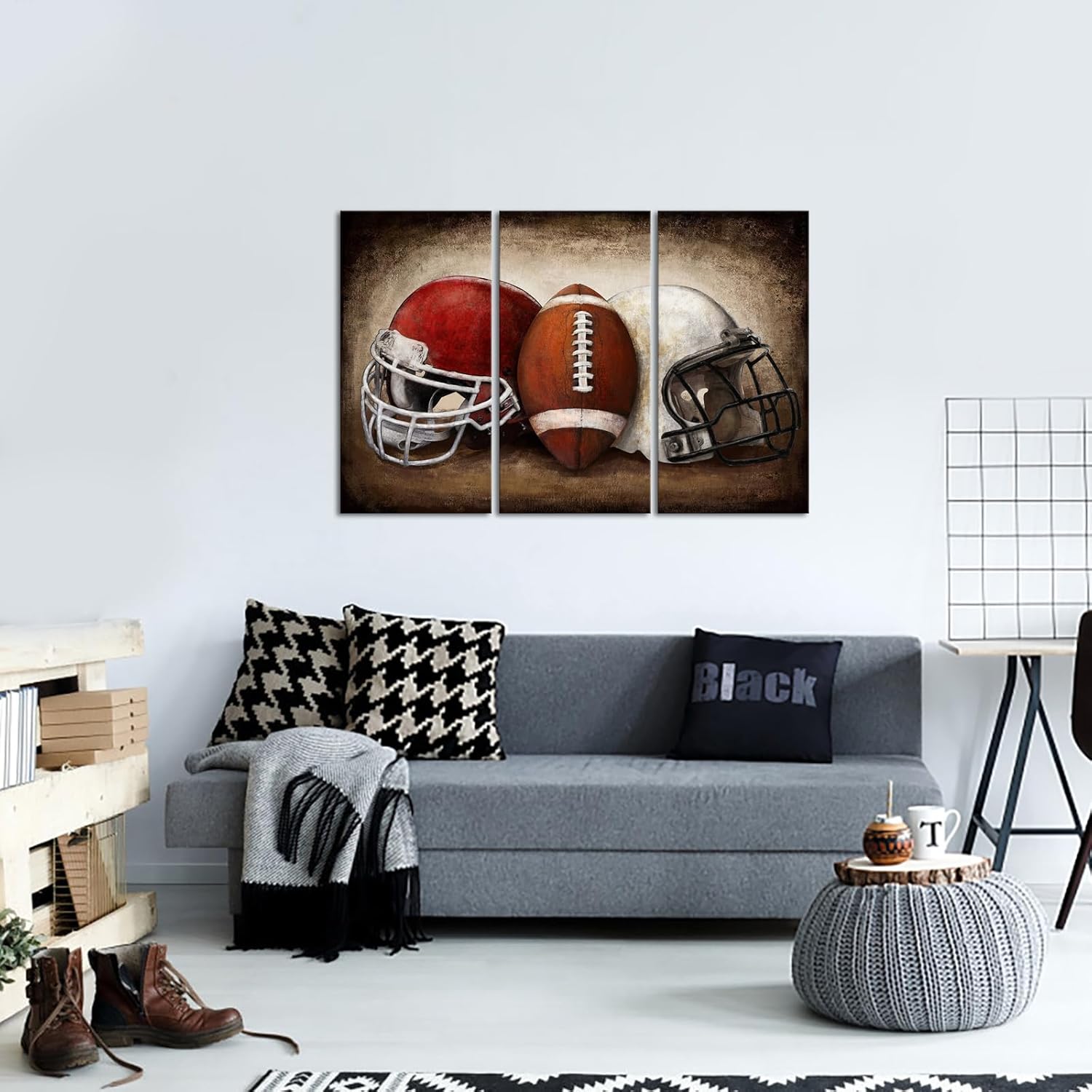 Skiennix Football Canvas Wall Art - Vintage American Football Paintings for Boys' Bedroom | 16"x32" Set of 3