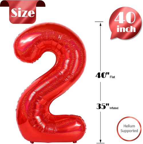 Laser Red Number 2 Balloon - 40 Inch Birthday Decoration for Second Birthday Party
