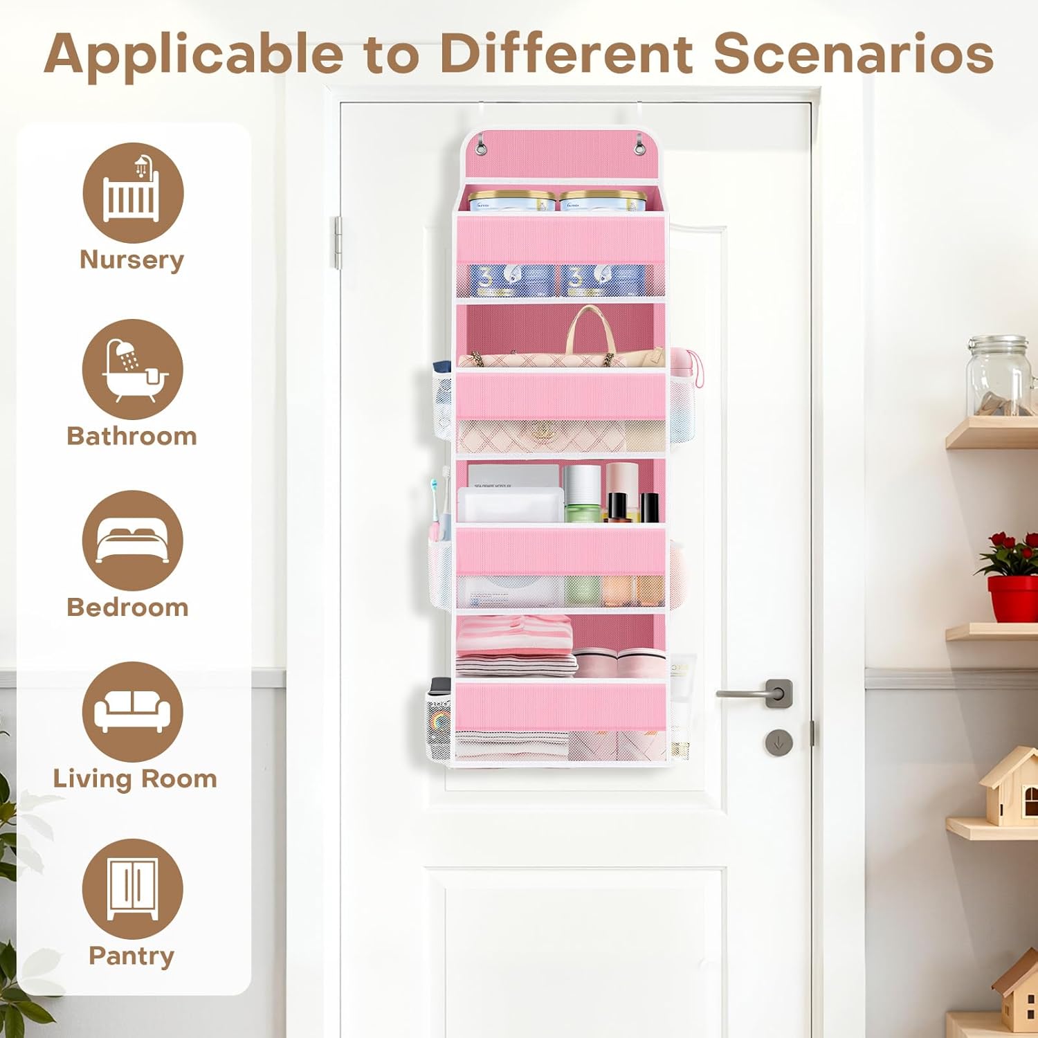 SpaceWhisper Over The Door Organizer - 4 Large Pocket Hanging Storage for Nursery, Bathroom & Closet (Pink)