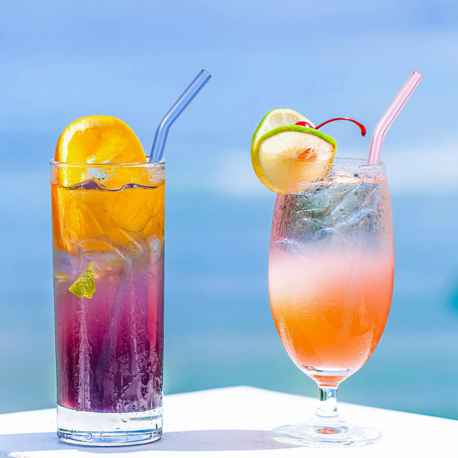 10 Pcs Reusable Colorful Bent Glass Straws,Size 9''x10mm and 6''x10mm Cute Short Glass Straws Shatter Resistant with 2 Cleaner Brush for Beverages,Coffee,Juice,Cocktail,Teas