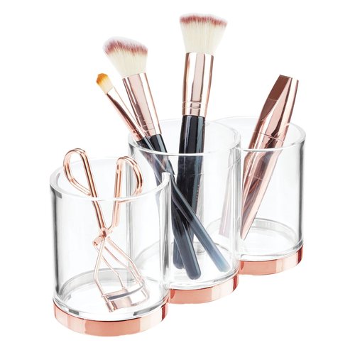 mDesign Practical Makeup Storage – Decorative Makeup Box for Brushes and Mascara – Make Up Display with 3 Compartments – Transparent and Red Gold