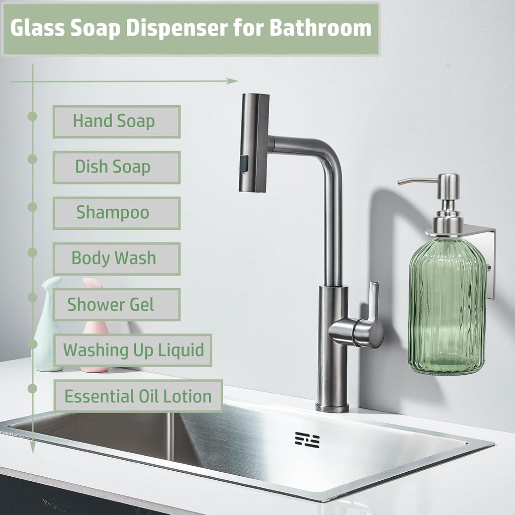 Green Shampoo and Conditioner Dispenser for Wall Mount, 14oz Clear Glass Shower Soap Bottle for Bathroom, Modern 1 Chamber No Drill, Easy Refill Hand Body Wash Dispensers with Stainless Steel Pump