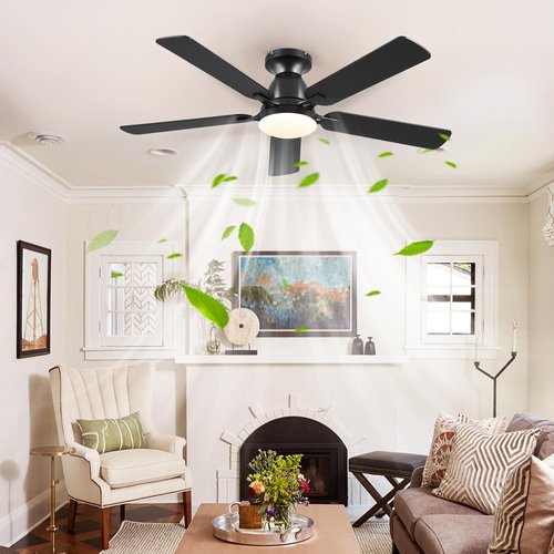 Mpayel Ceiling Fans with Lights, 52 Inch Flush Mount Ceiling Fan with Light and Remote, Low Profile Black Ceiling Fan for Bedroom Living Room, Quiet DC Motor, Reversible, Dimmable LED, Black