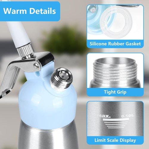 NATUREKIT Professional Whipped Cream Dispenser,Aluminum Body 1-Pint / 500 ml,Cream Maker with 3 Plastic Decorating Tips and 1 Cleaning Brush