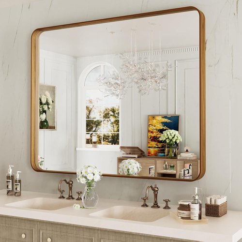 LOAAO Bathroom Mirror - 40x32 Inch Rounded Rectangle with Wood Grain Metal Frame | Anti-Rust, Versatile Hanging Options