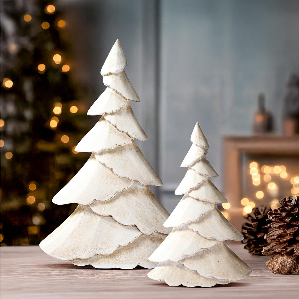 RM ROOMERS Wooden Christmas Tree Figurine Set of 2, White Tree Figurines, Decorative Trees for Tabletop, Distressed Decoration Trees for Desk, Mantel, Entryway, Winter, Holiday Centerpieces