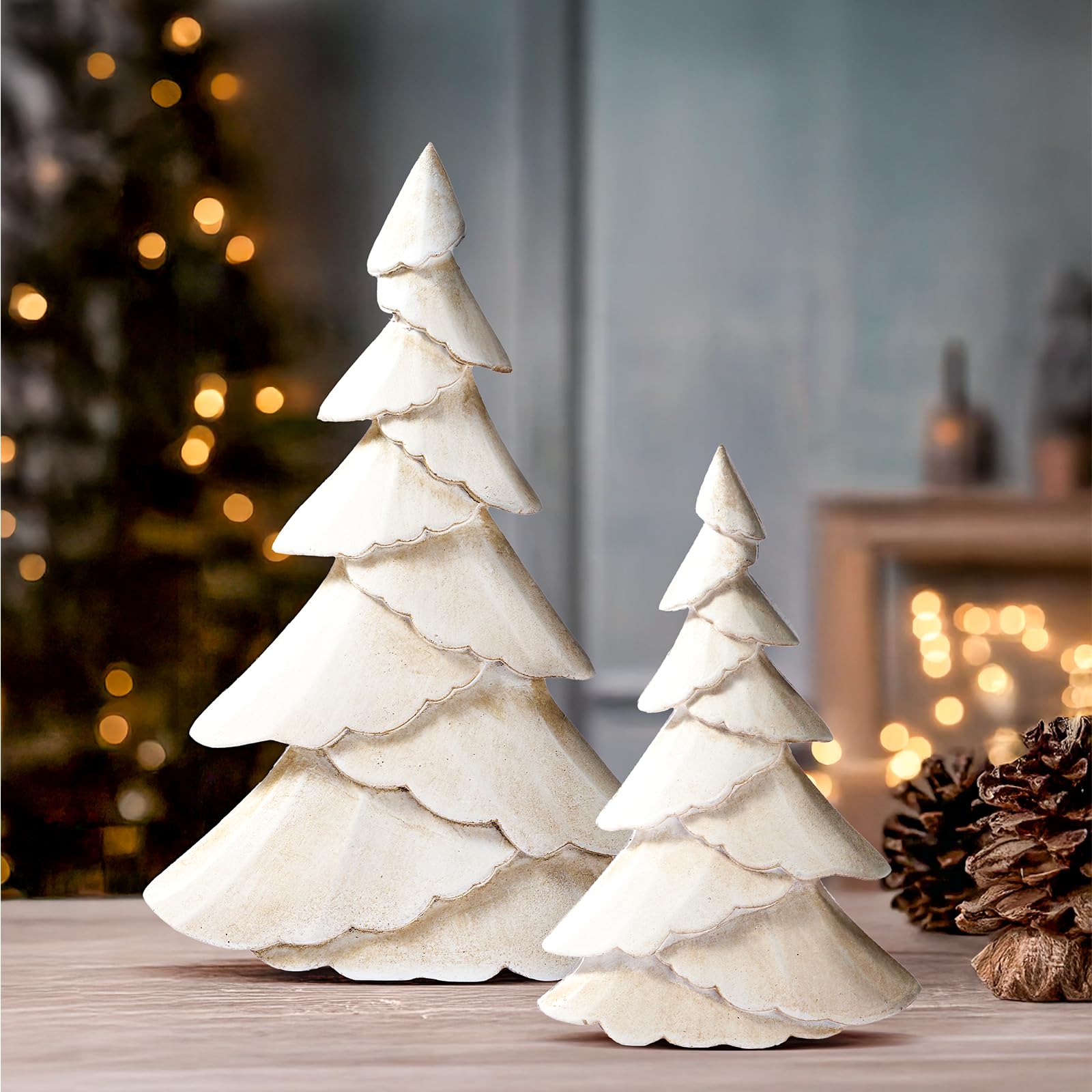 RM ROOMERS Wooden Christmas Tree Figurine Set of 2, White Tree Figurines, Decorative Trees for Tabletop, Distressed Decoration Trees for Desk, Mantel, Entryway, Winter, Holiday Centerpieces