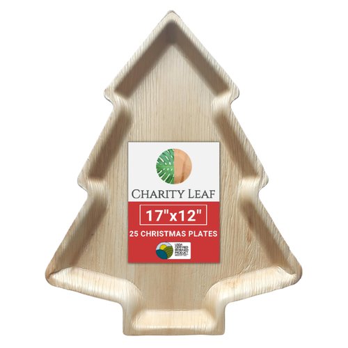 Charity Leaf Disposable Palm Leaf 17"x12" Christmas Plates (25 pieces) Bamboo Like Serving Platters, Disposable Boards, Eco-Friendly Dinnerware For Christmas, Weddings, Catering, Events