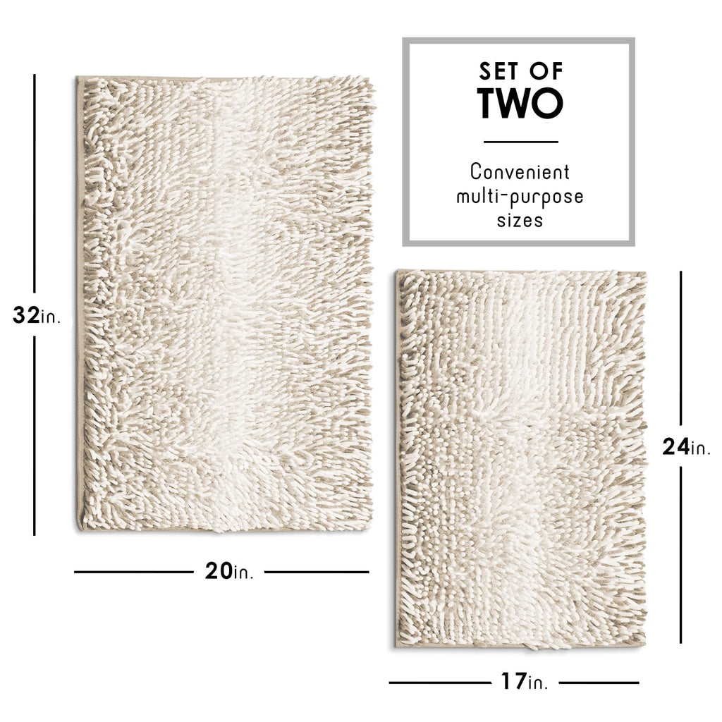 Hearth & Harbor Bathroom Rugs, Chenille Bath Mat - Machine Washable Bath Mats for Bathroom Non-Slip Backing Rubber, Quick Dry Bathroom Mat, 17 x 24 + 20 x 32 - Ombre Beige