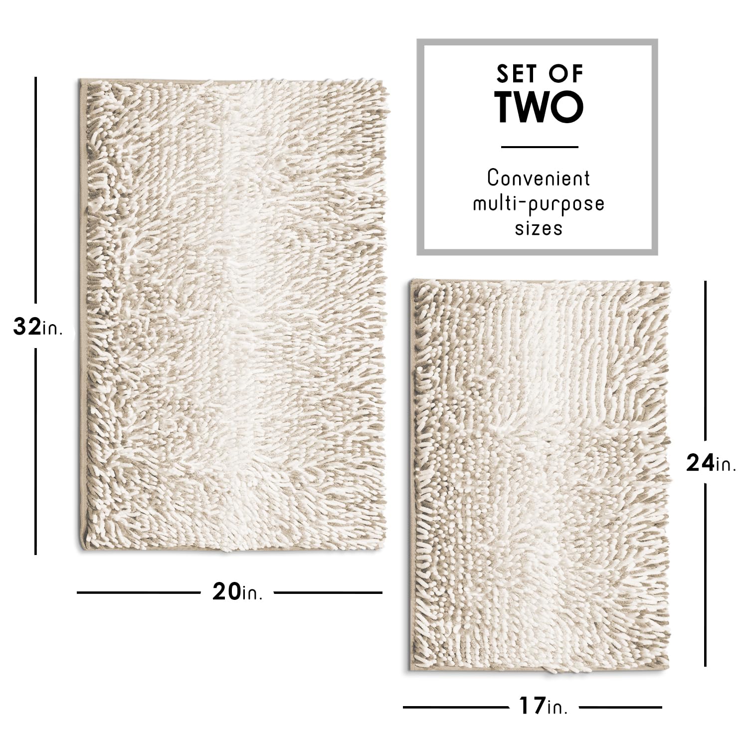 Hearth & Harbor Bathroom Rugs, Chenille Bath Mat - Machine Washable Bath Mats for Bathroom Non-Slip Backing Rubber, Quick Dry Bathroom Mat, 17 x 24 + 20 x 32 - Ombre Beige