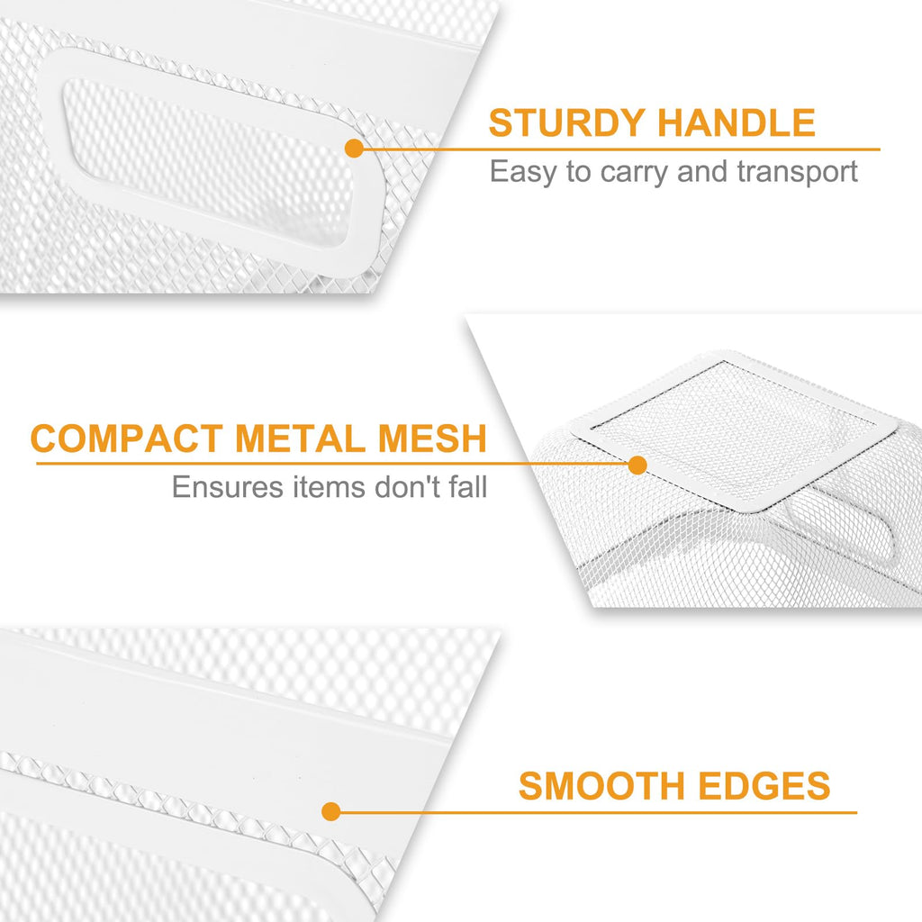 MorningRo 4 Pack Metal Mesh Basket with Hollow Handles White Wire Storage Bin for Organizing Stackable Metal Fine Mesh Basket for Pantry Bathroom Kitchen Cabinets Shelves (Medium)