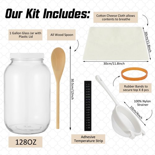 Honeydak 16 Pcs Complete Kefir Starter Kit Kombucha Fermenter Kit Gallon 128oz Mason Jar Wide Mouth with Plastic Storage Lid Nylon Mesh Strainer Cotton Cloth Cover and Wood Spoon