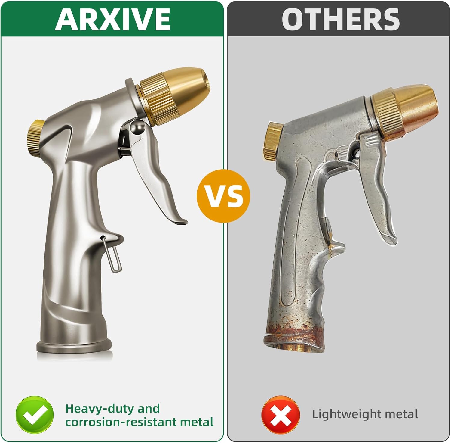ARXIVE Heavy-Duty Metal Garden Hose Nozzle - 4 Adjustable Spray Patterns for Lawn, Car & Pet Care