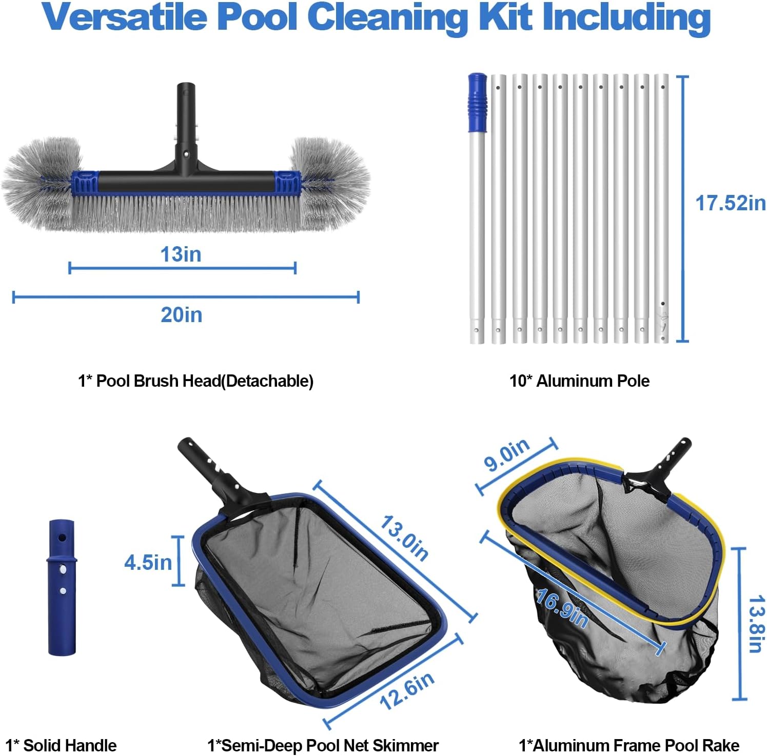 Poolvio 5-in-1 Pool Cleaning Kit - Semi-Deep Skimmer, Aluminum Leaf Rake & 20' Brush with 13' Pole