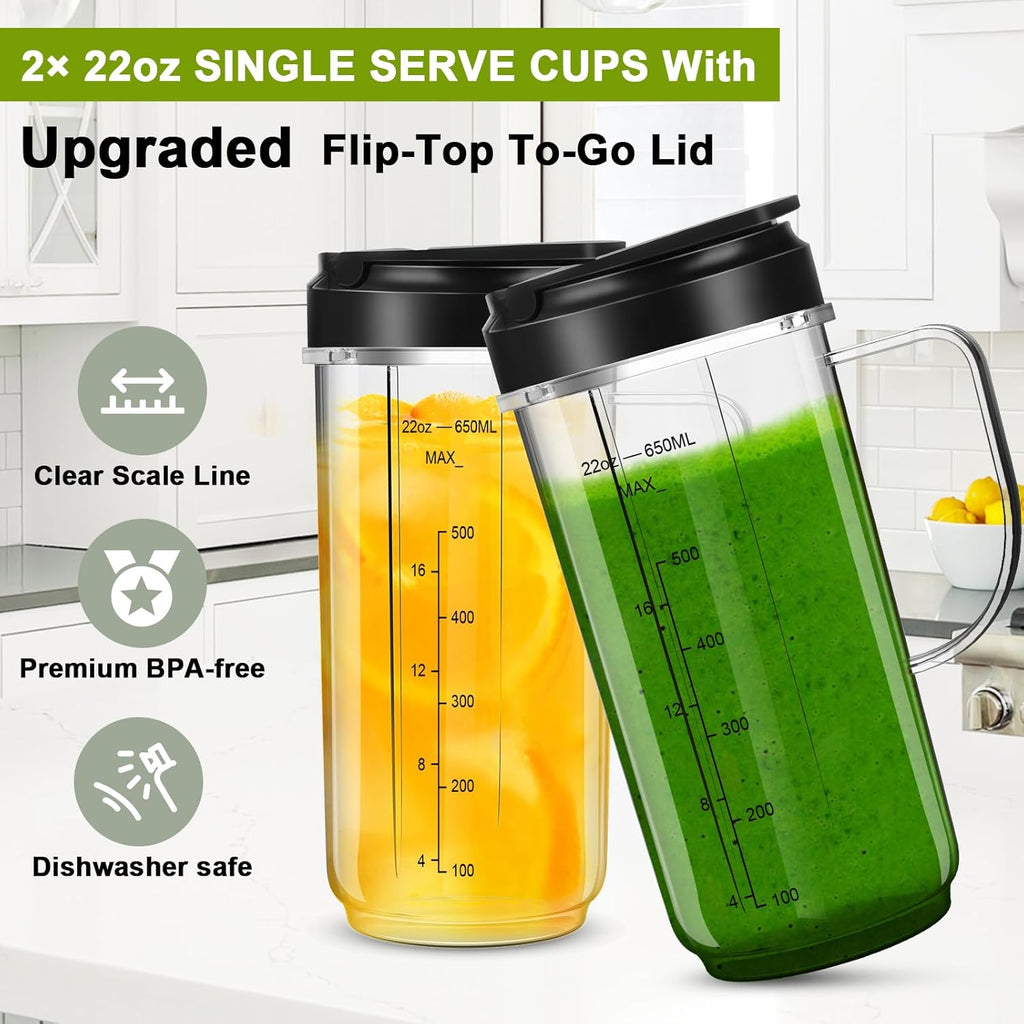 UBYNID Magic Bullet Blender Cups - 22oz Tall Replacement Cups with Flip Top Lid & 4 Fins Blade