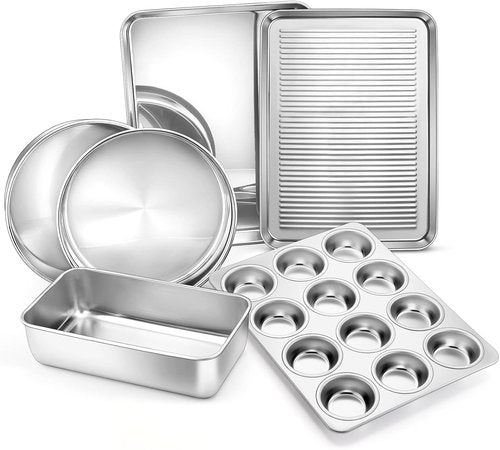 E-far Stainless Steel Baking Pans Set - 6-Piece Non-Toxic Bakeware for Oven | Includes 8-Inch Cake Pan, Cookie Sheet, Muffin & Loaf Pan, Dishwasher Safe