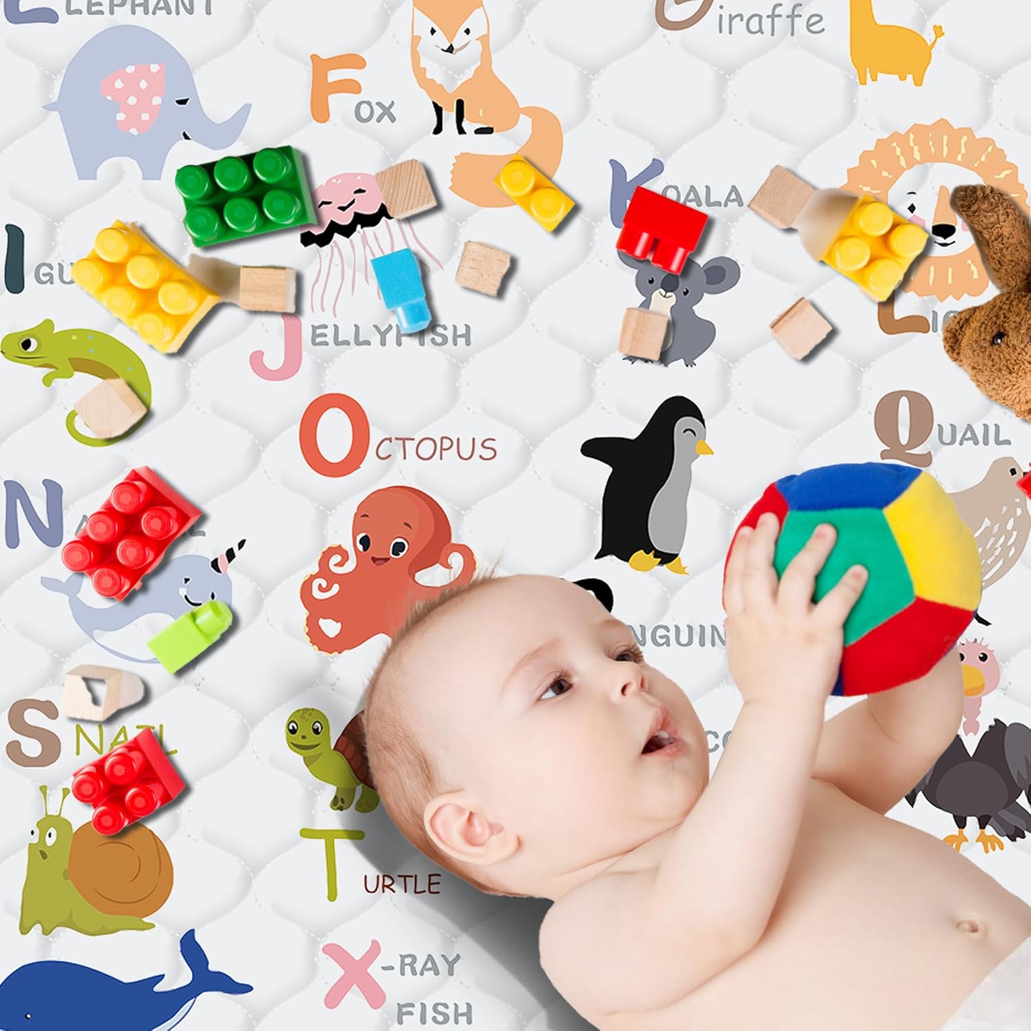 Skiennix Baby Play Mat - Thick Soft Non-Slip Crawling Mat | 50" x 50" Machine Washable, Animal Alphabet-A