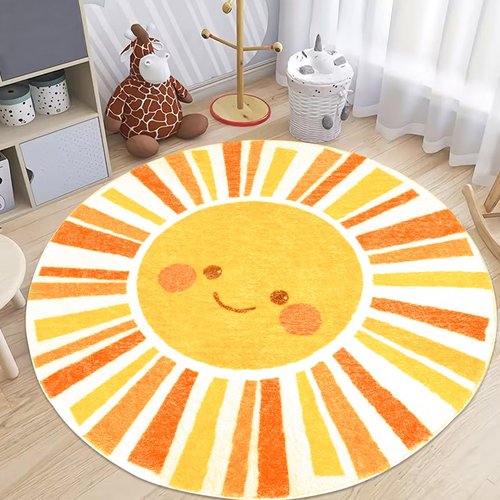 Lacomfy Kids Rug Boho Sun Play Mat 4Ft Round Sunshine Bedroom Carpet for Boys Girls Circle Nursery Mat for Playroom, Washable Sun Area Rug for Classroom Living Room, Children's Rugs, Orange Yellow