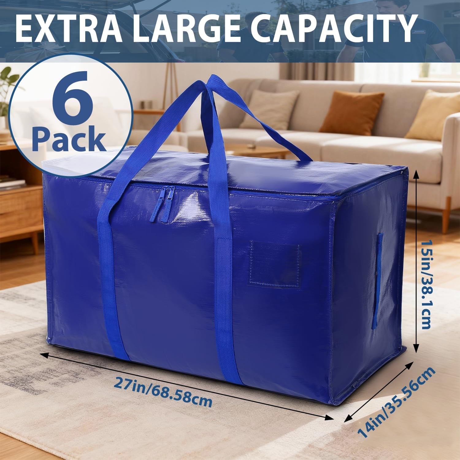 Skiennix Heavy Duty Moving Bags - Extra Large Waterproof Storage Totes with Handles & Zippers | 6 Pack (Blue)