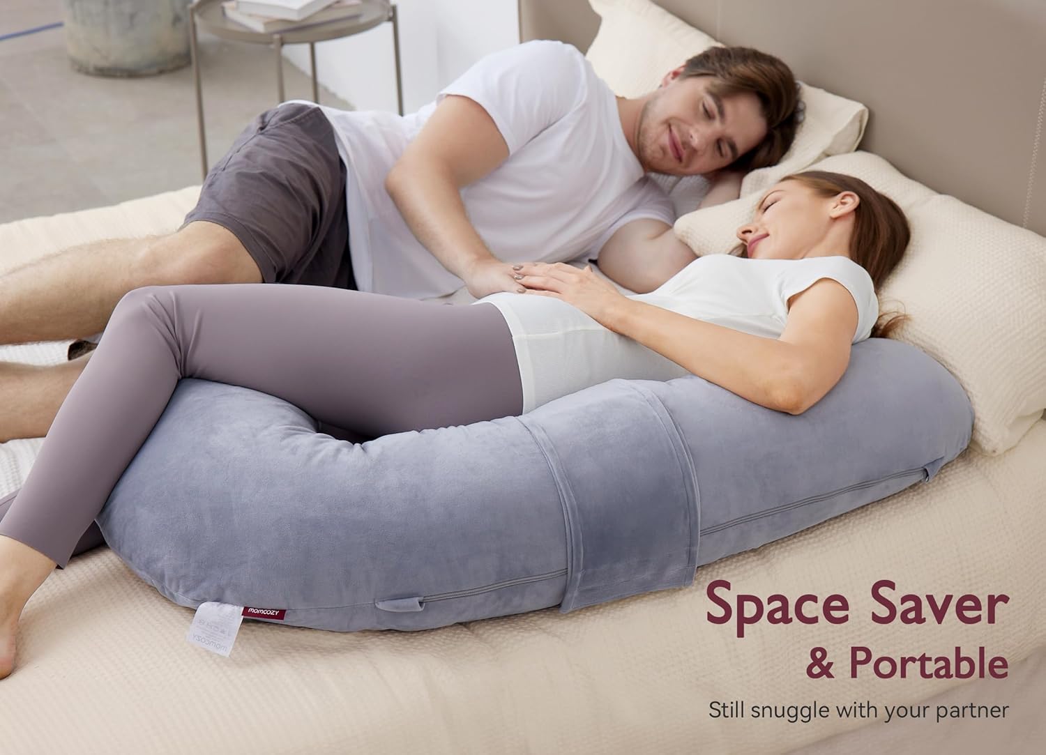 Momcozy Pregnancy Pillow - Original F Shaped Maternity Pillow with Adjustable Wedge - Full Body Support, Grey Velvet Cover