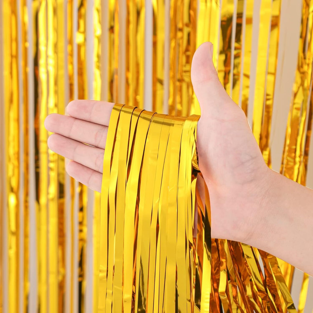 Voircoloria Gold Foil Fringe Backdrop Curtains - 2 Pack Tinsel Streamers for Parties & Celebrations