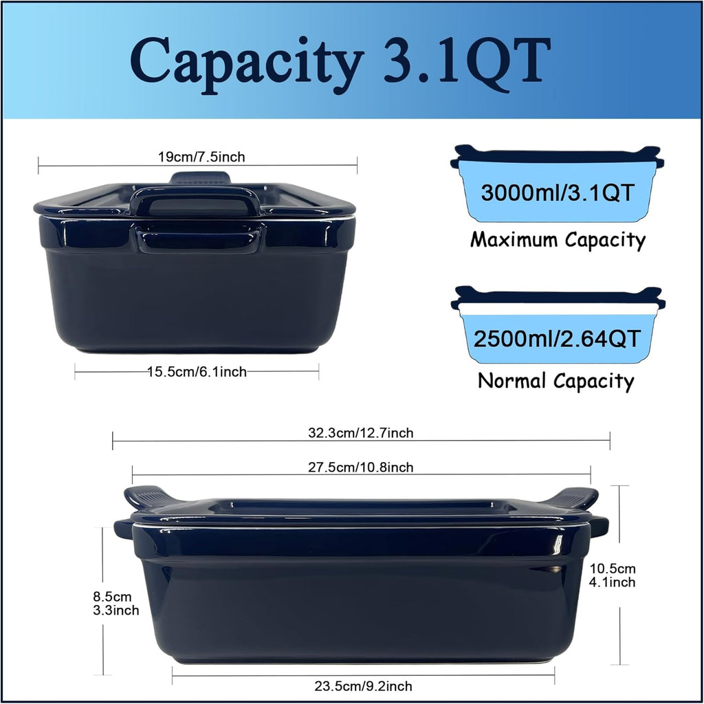 Skiennix Baking Pan - Deep Ceramic Lasagna Dish with Handles & Lid | Navy Blue, 3.1 Quarts