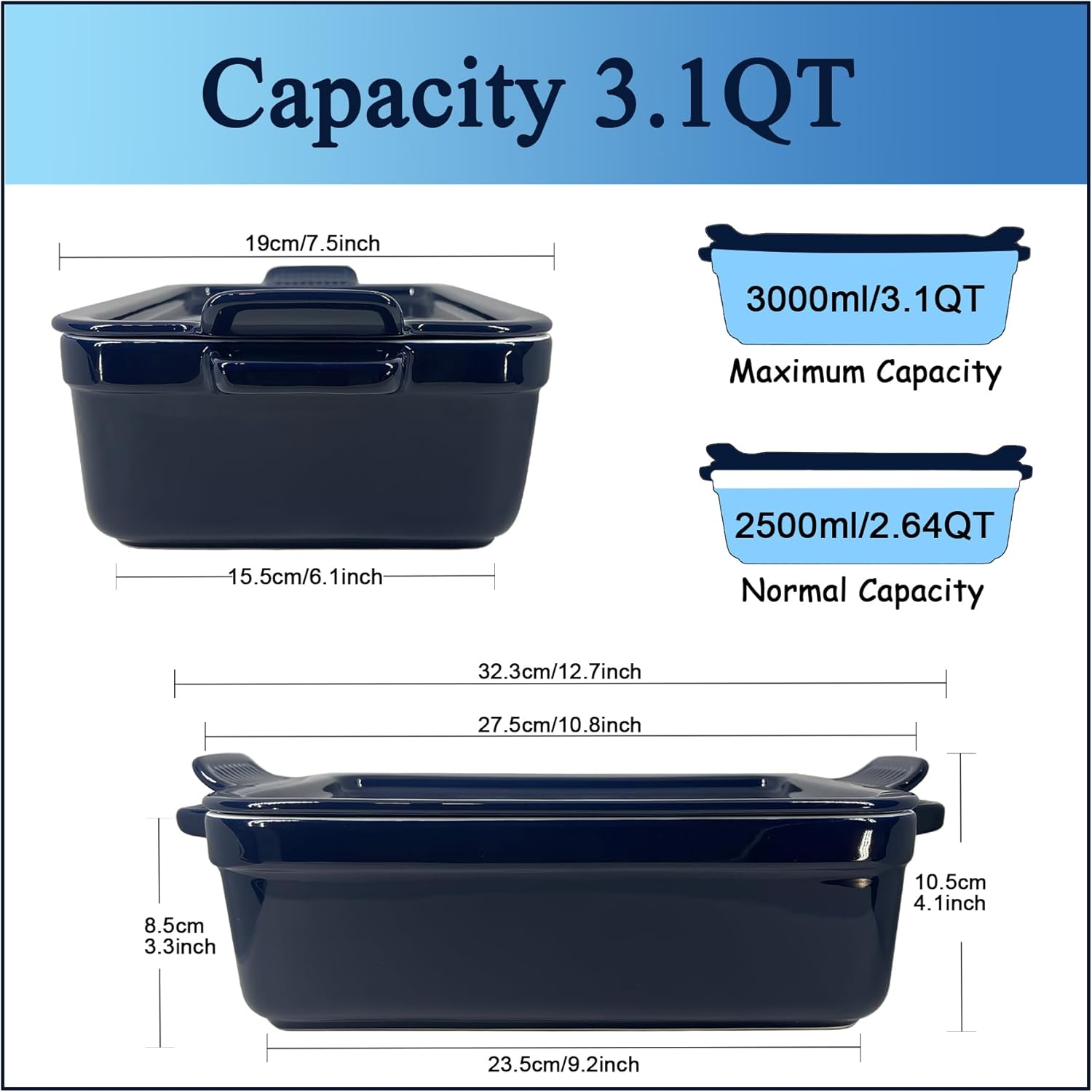 Skiennix Baking Pan - Deep Ceramic Lasagna Dish with Handles & Lid | Navy Blue, 3.1 Quarts