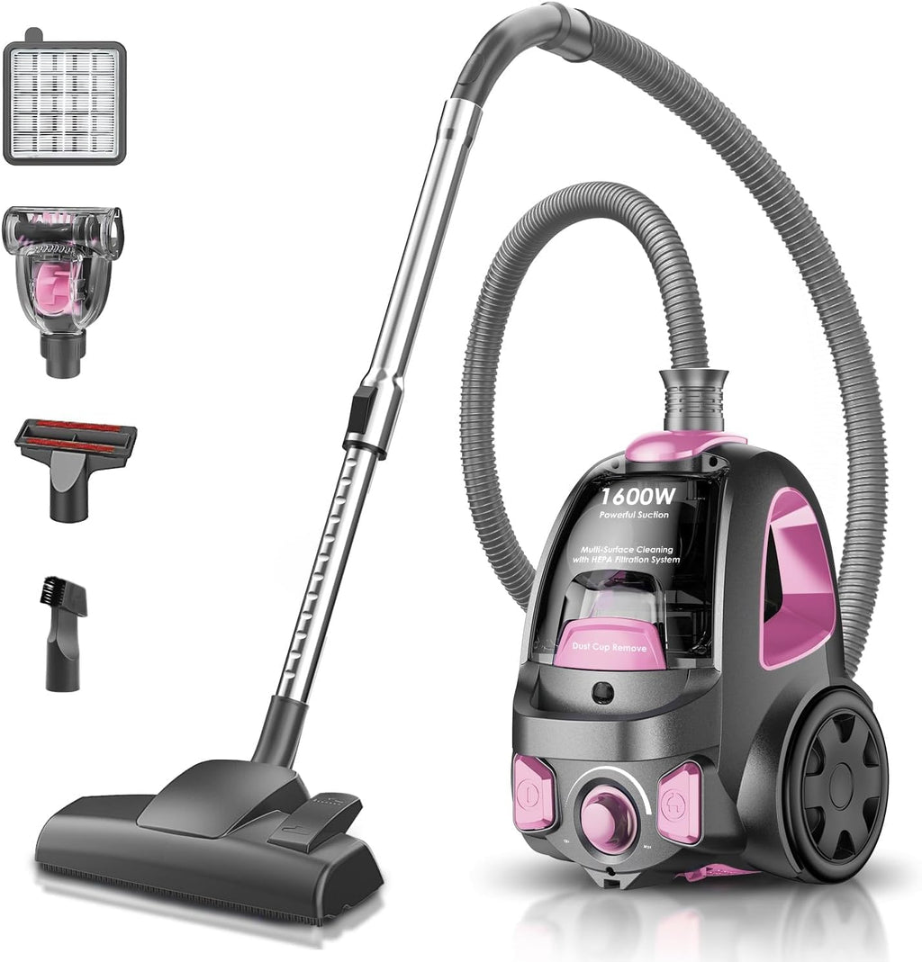 Skiennix Canister Vacuum Cleaner - 40Kpa 1600W Cyclone Power, Lightweight & Bagless, 3.7QT Dust Cup, Pink
