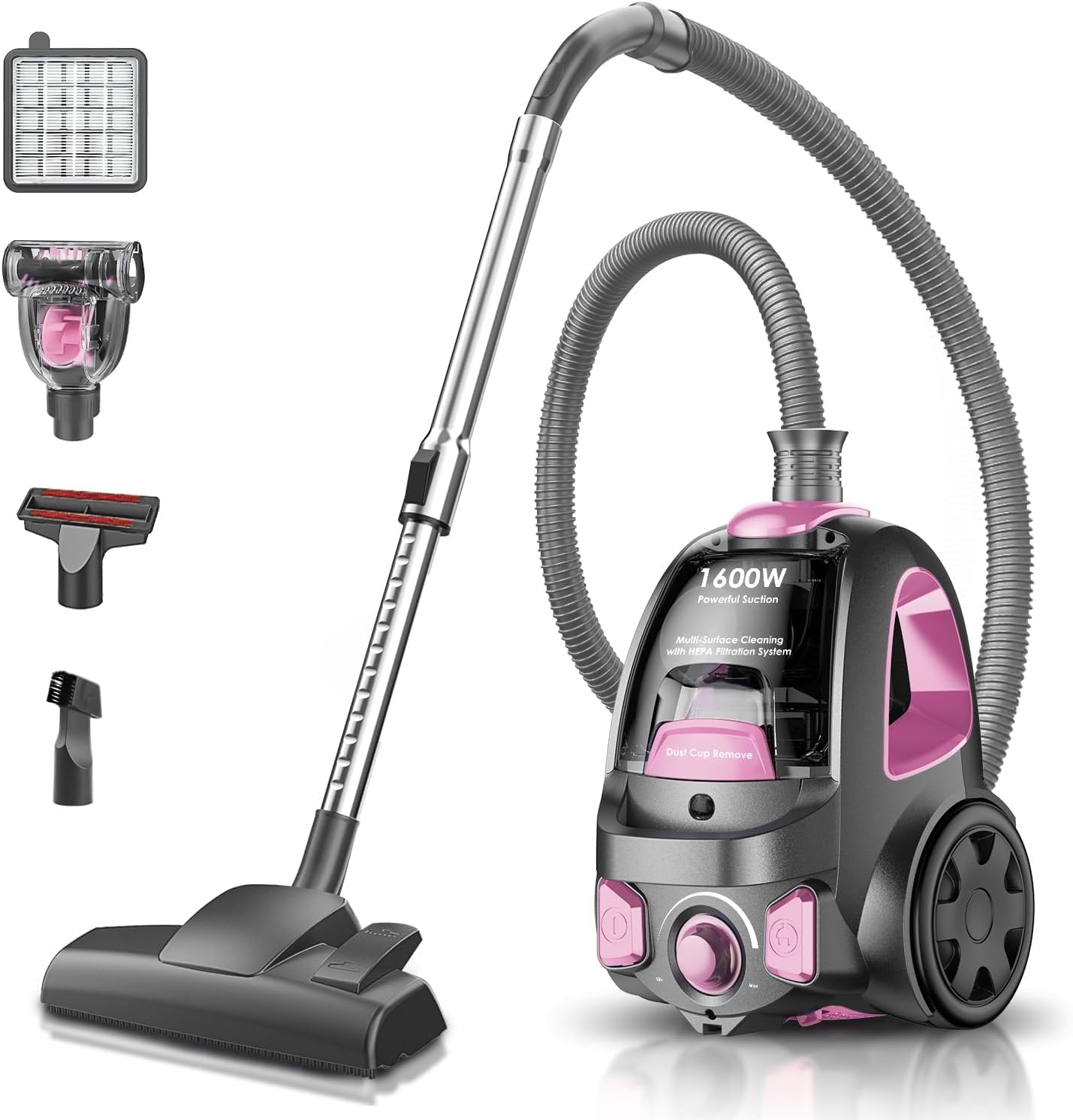 Skiennix Canister Vacuum Cleaner - 40Kpa 1600W Cyclone Power, Lightweight & Bagless, 3.7QT Dust Cup, Pink