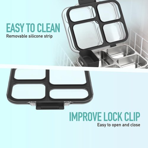 Eoika Stainless Steel Bento Box for Kids with Silicone Container, 4 Compartment Metal Lunch Box Kids Adults, Removable Silicone Seal & Clear Lid, Leak Proof Food Storage Container for MealBlack