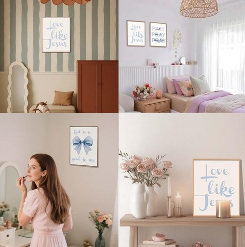 EVER-GOING TUNE Gray Blue Jesus Wall Decor Set of 4 | Inspirational Bible Verse Art for Girls' Bedroom, 8x10 Unframed