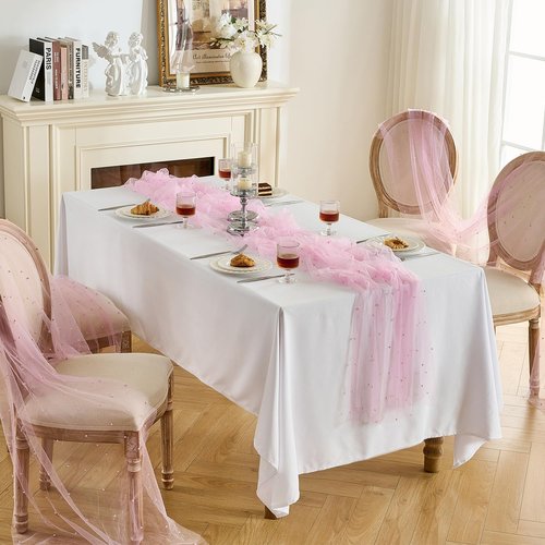 Fanami 1 Pack Pearl Table Runner -10FT Blush Pink Boho Tulle Table Runners 120 Inches Long Rustic Sheer Lace Fabric Centerpieces for Wedding Arch Birthday Party Bridal Veil Baby Shower Decorations