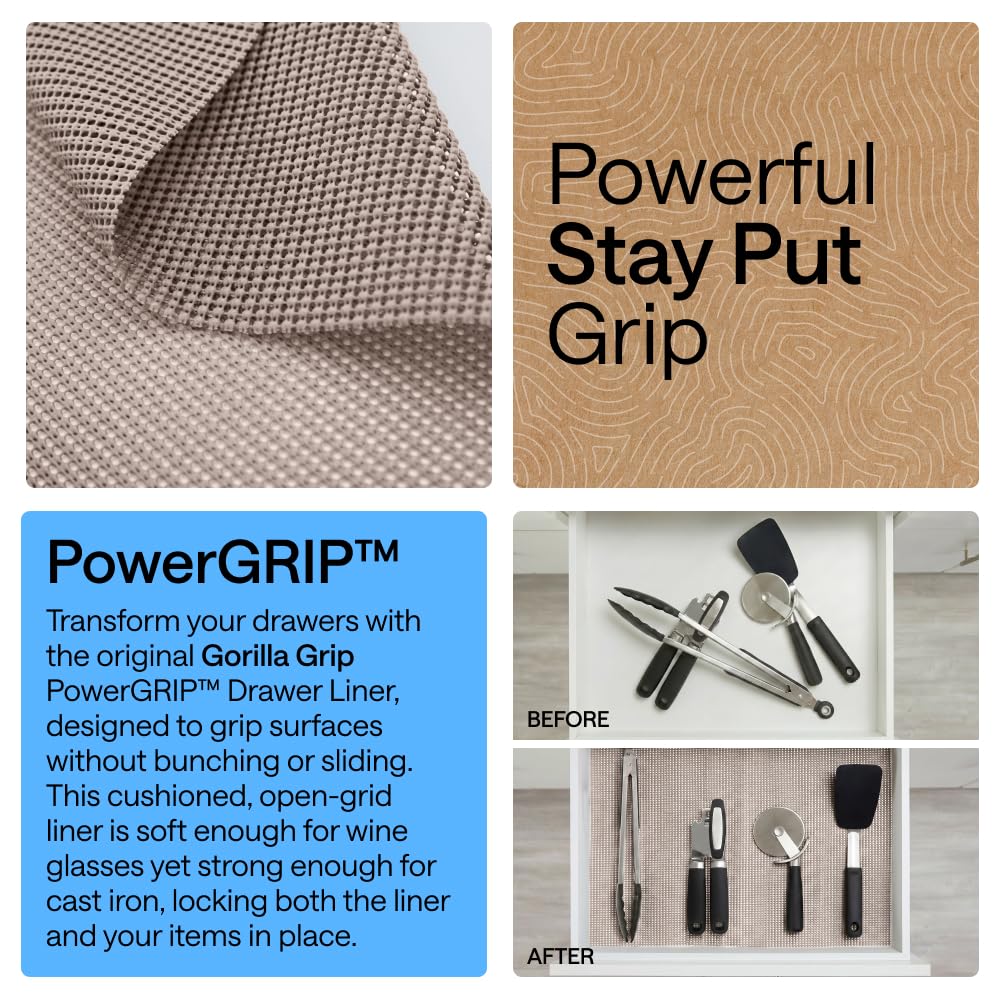GORILLA GRIP powerGRIP Drawer Shelf and Cabinet Liner, Thick Strong Hold, Non-Adhesive Liners Protect Kitchen Cabinets and Cupboard, Bathroom Drawers, Easy Install Mat, 12" x20', Beige