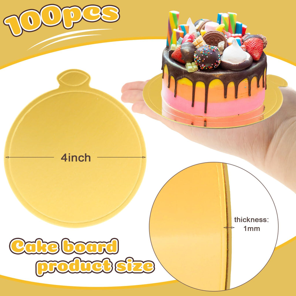 zsccxq 100 Pcs 4 Inch Mini Cake Boards Round Golden Mousse Cake Boards Disposable Cardboard Plate Round Coated Cakeboard for Kitchen Baking Caking Pizza Dessert Cupcake Tray (4 Inch)