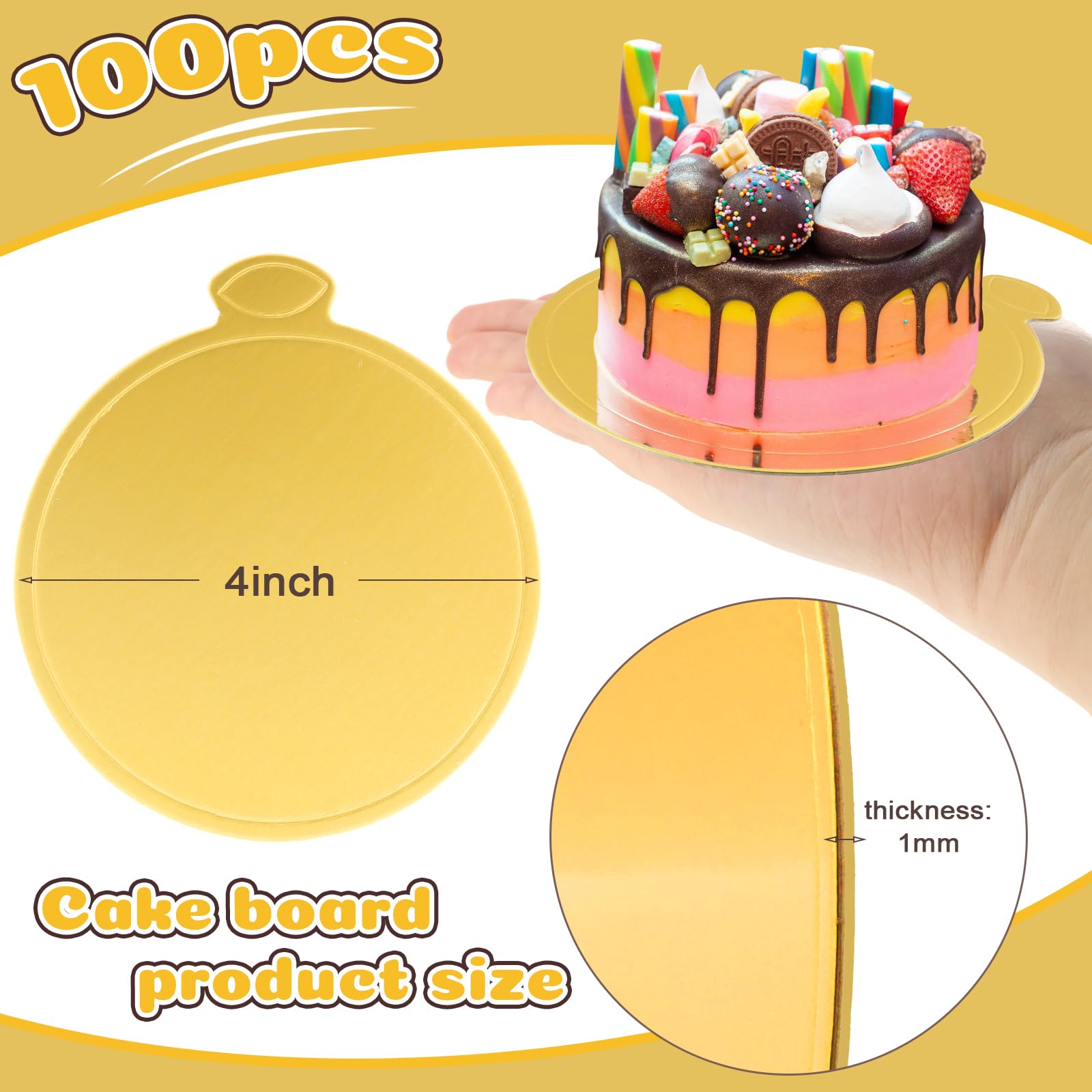 zsccxq 100 Pcs 4 Inch Mini Cake Boards Round Golden Mousse Cake Boards Disposable Cardboard Plate Round Coated Cakeboard for Kitchen Baking Caking Pizza Dessert Cupcake Tray (4 Inch)