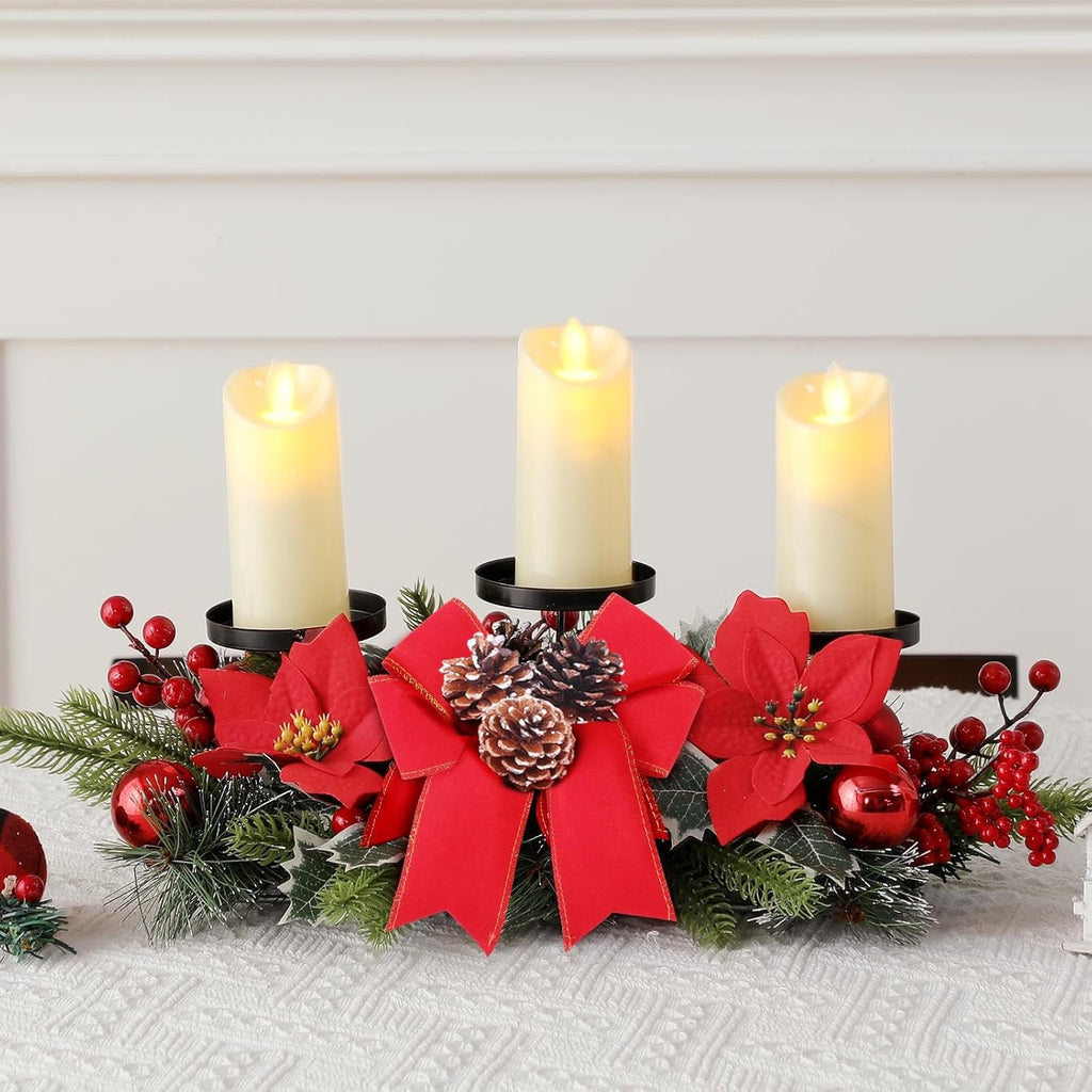 Regine Switzerland Christmas Centerpiece - 3 Candle Holders with LED Candles & String Lights | Poinsettia Red Buffalo Plaid Decor