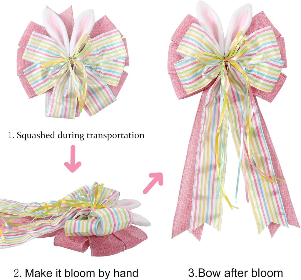 Skiennix Easter Bows for Wreaths - Decorative Pink Burlap Bow with Bunny Ears for Spring Decor