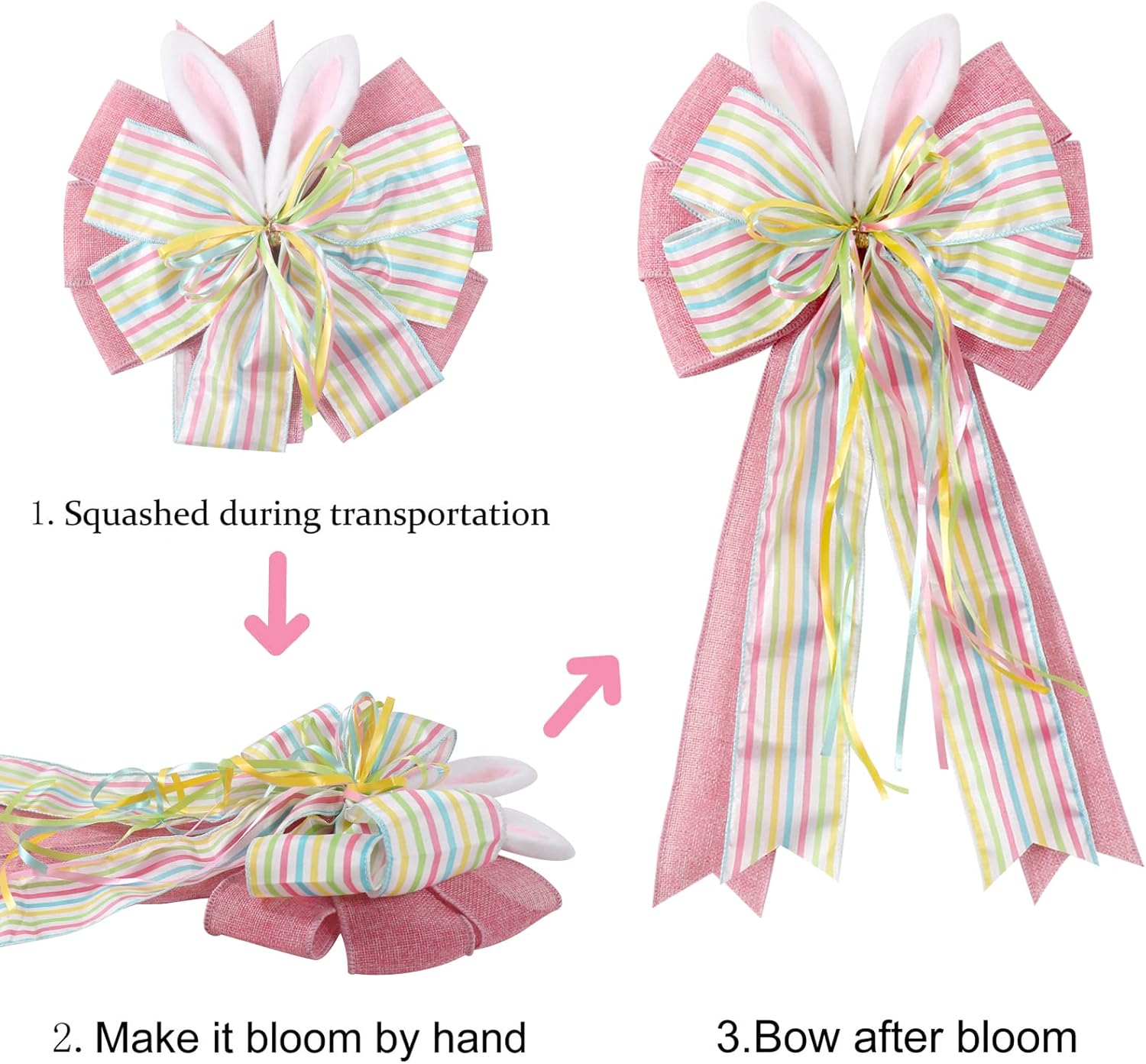 Skiennix Easter Bows for Wreaths - Decorative Pink Burlap Bow with Bunny Ears for Spring Decor