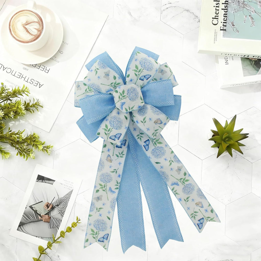 Skiennix 20.87-Inch Large Spring Bows - Blue Hydrangea & Butterfly Burlap Ribbon for Easter Decor | Indoor/Outdoor Use