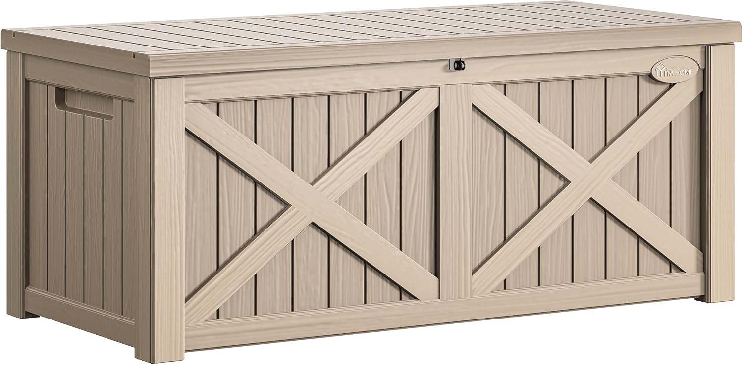 YITAHOME 150 Gallon Outdoor Storage Box - Waterproof Resin Deck Bench for Patio & Garden - Lockable, Taupe