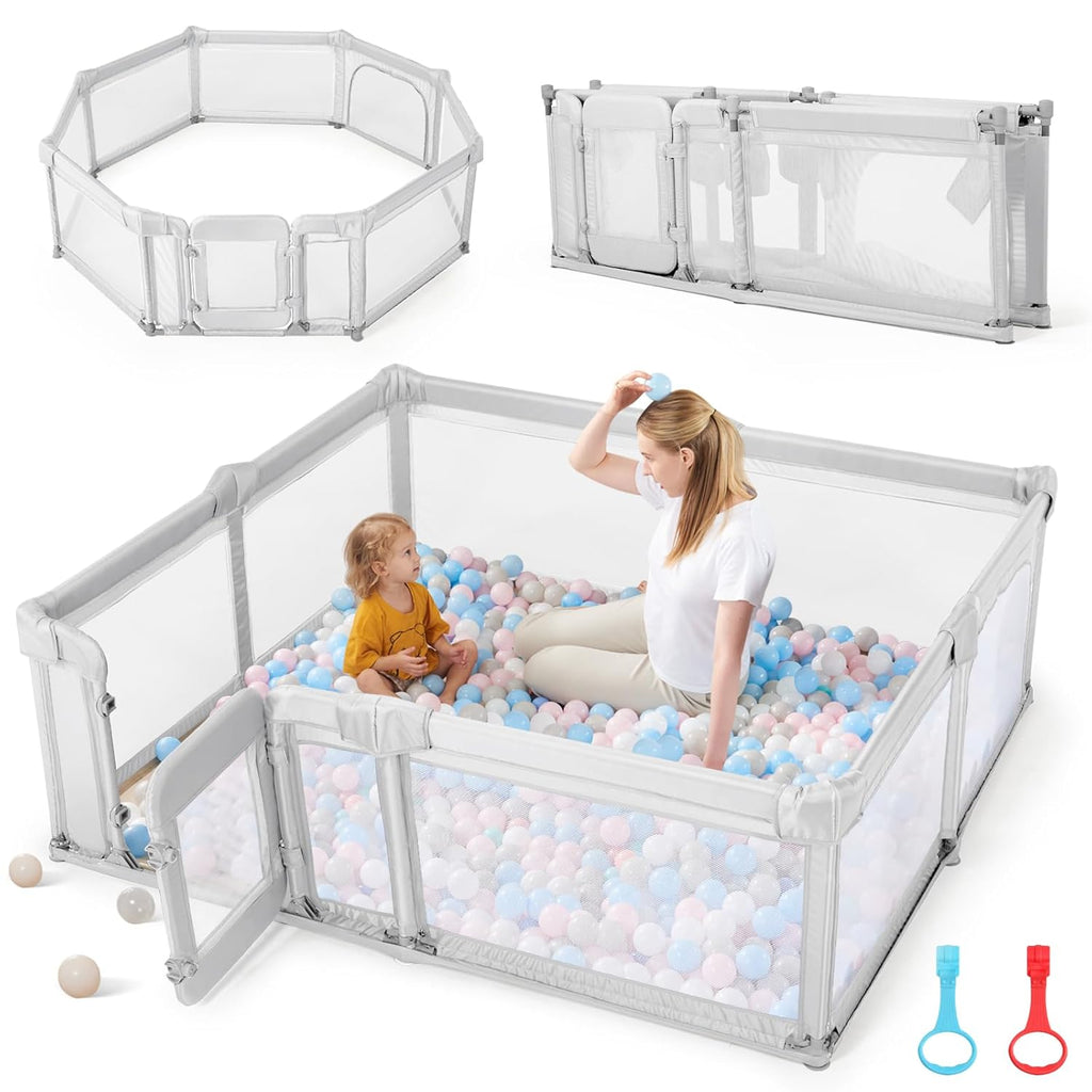 Sweeby Foldable Baby Playpen - Extra Large 79x71 Play Yard with Door & Mat | Light Grey