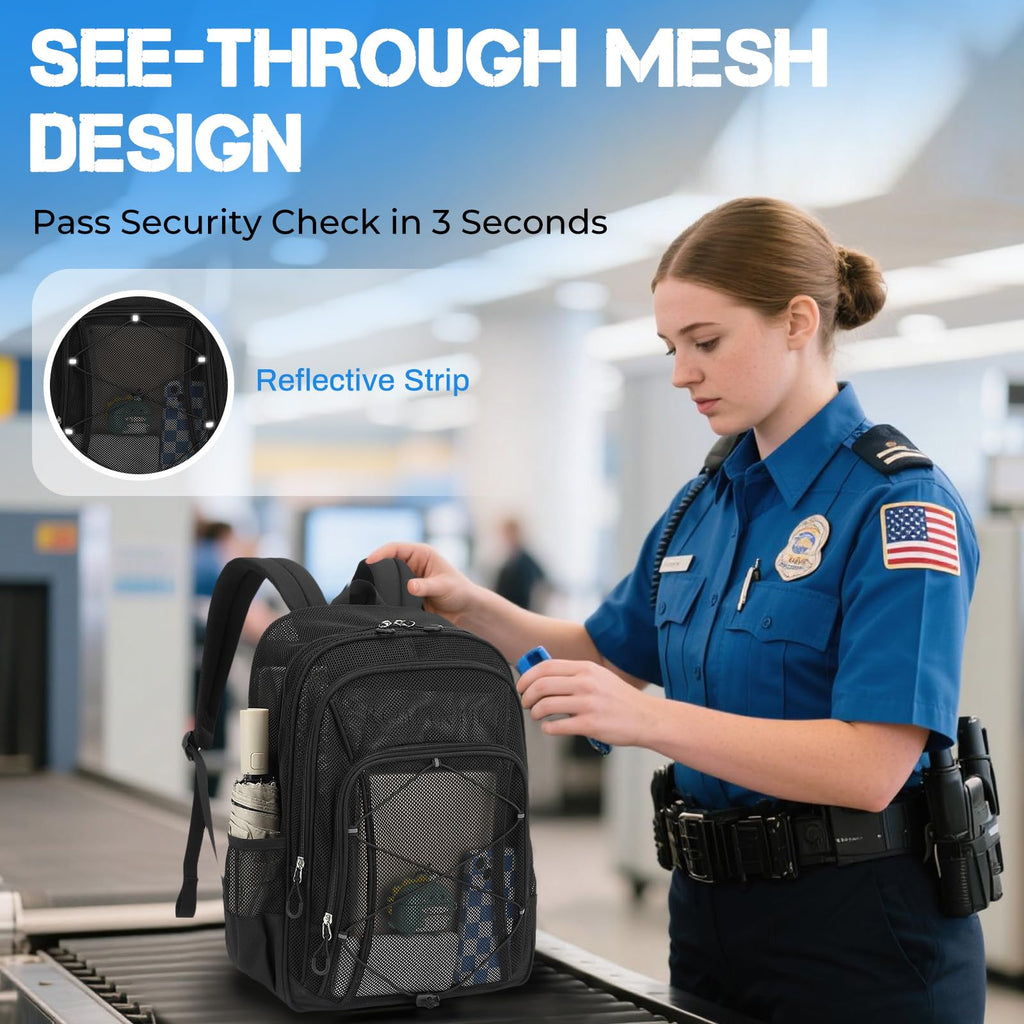 Sisipoet Mesh Backpack, Heavy Duty Mesh Bookbag for Girls Boys Kids, See Through Clear Backpacks, Net Backpack Transparent Breathable for School Beach Swim Travel Outdoor, Black