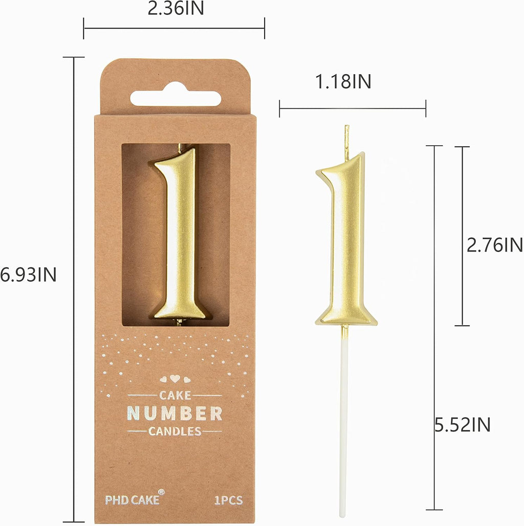 PHD CAKE Elegant Gold Number 1 Birthday Candles - 2.76 Inch for Celebrations | Party Decor
