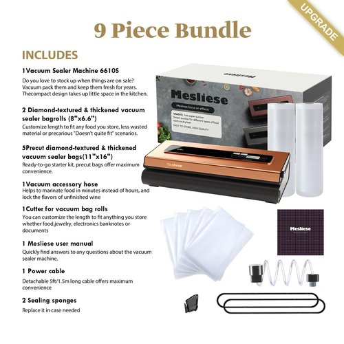Mesliese Vacuum Sealer Machine Powerful 90Kpa Precision 6-in-1 Compact Vacuum Food Preservation System Built-in Cutter, 2 Bag Rolls & 5 Pre-cut Bags, Dry&Moist Modes Smart Suction, ETL Listed (Copper)