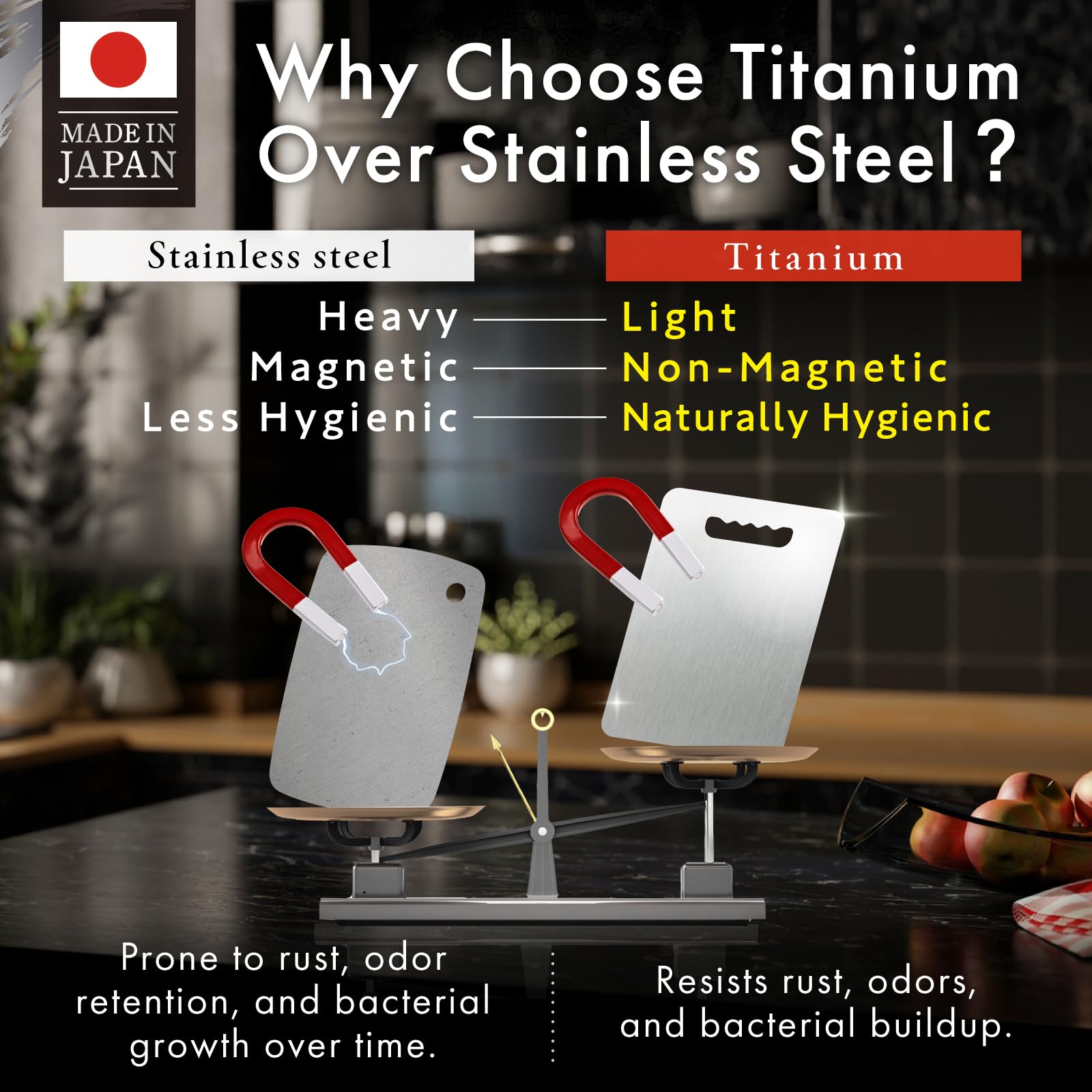 HIBINO Titanium Cutting Board | 99.5% Pure Japanese Titanium | Non-Toxic | Lightweight & Dishwasher Safe | L Size | Made in Japan | With Non-Slip Mat | For Kitchen & Camping Use
