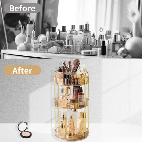 Asayuee 360 Rotating Makeup Organizer - Large 3-Tier Storage for Skincare & Cosmetics | Gold Finish