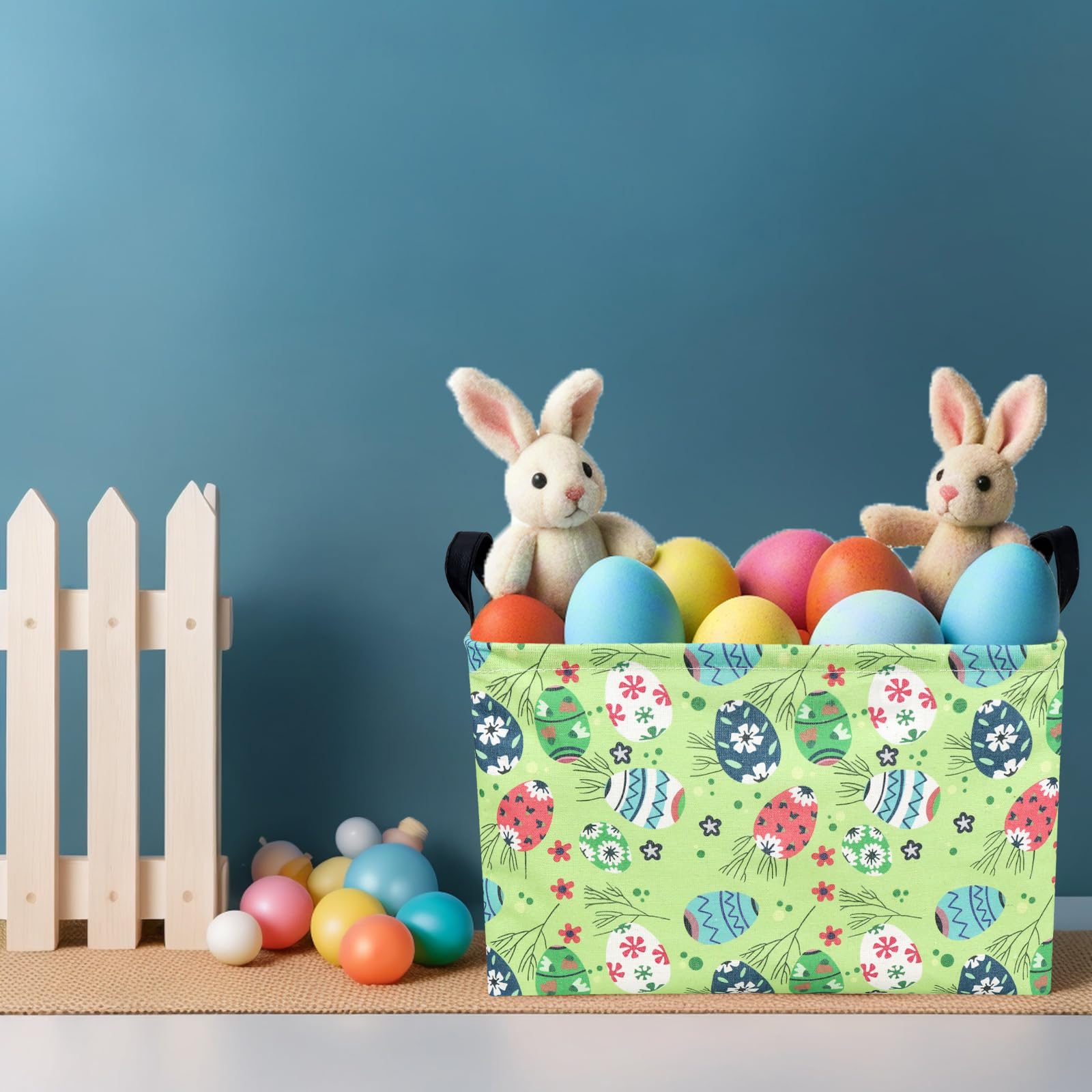 NIETEIN Kid Large Empty Easter Basket Personalized Fabric Easter Basket for Boy and Girl (Easter Egg Green Background)