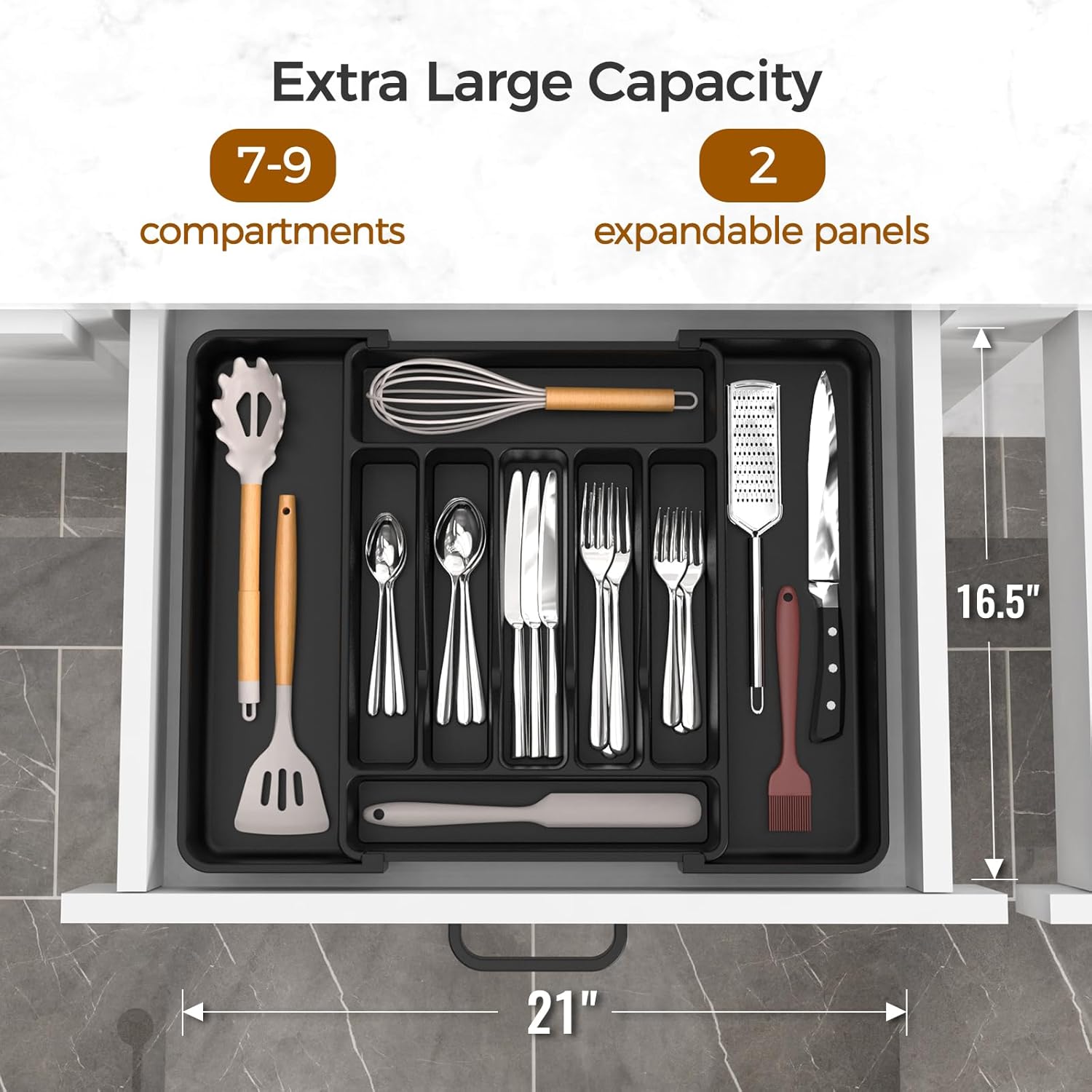 Ukeetap Extra Large Expandable Silverware Organizer - BPA-Free Cutlery Holder for Kitchen Drawers | Black